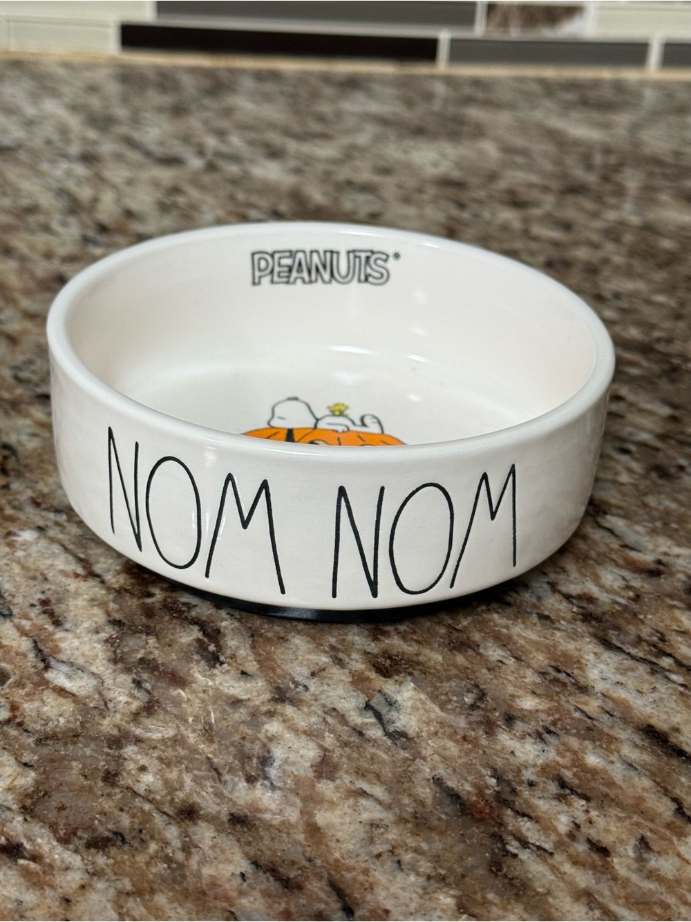 Rae Dunn-White Ceramic Pet Bowl with Black 'NOM NOM' Lettering and Orange Accent